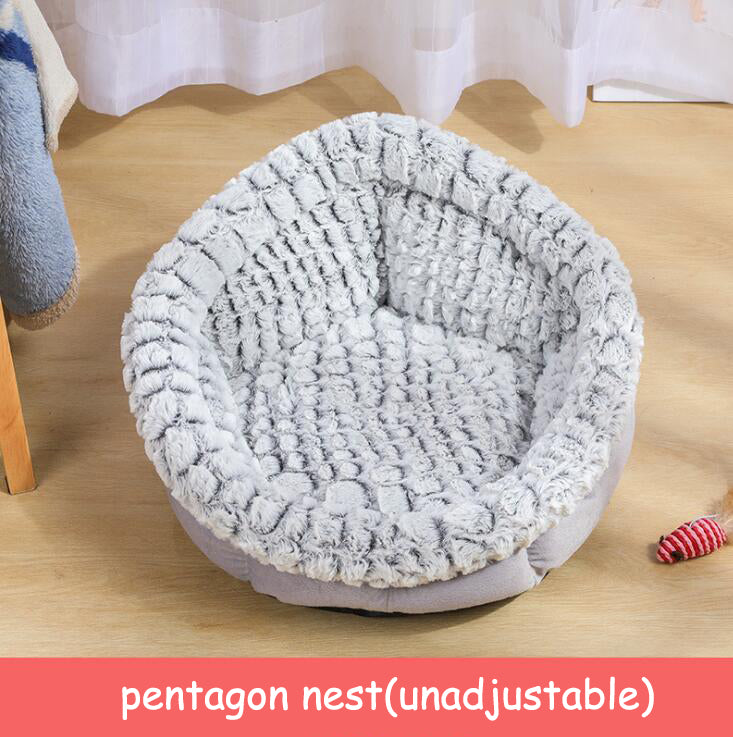 Grey plush pet bed with cat curled inside